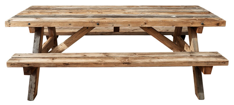 A detailed, front-facing view of a rustic, wooden outdoor picnic table, isolated on black background
