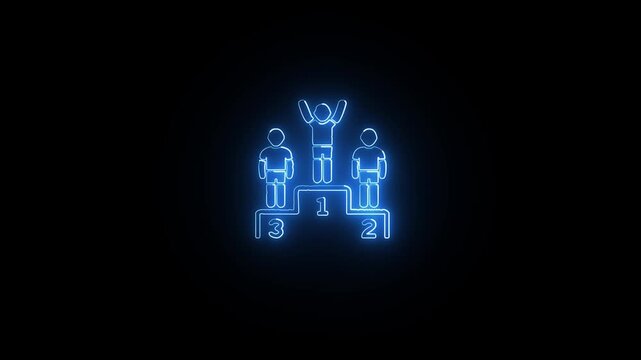Glowing neon winner podium with 1st, 2nd, and 3rd place icon animation with winner blue color on a black background.