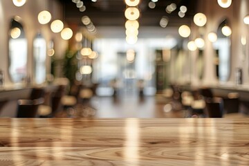 Fototapeta premium Blurred interior of a modern salon with wooden counter