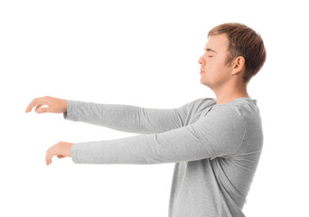 Male sleepwalker on white background