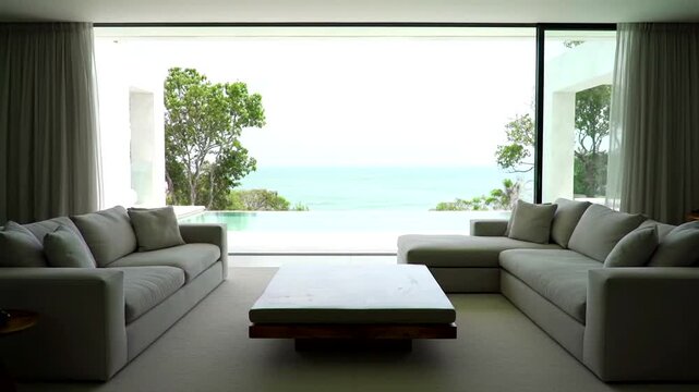 Modern living room boasts ocean view with neutral tones, square coffee table, and comfy sofas