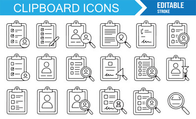 Outline clipboard vector illustrations, editable stroke icons of documents and analysis.