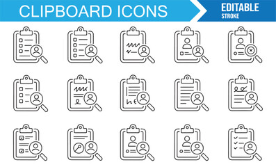 Project management clipboard icons, editable vector line art for business and planning.