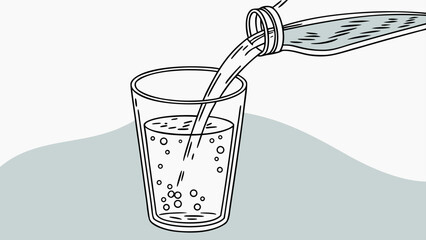 Water being poured from a bottle into a clear glass with bubbles in a black and white illustration