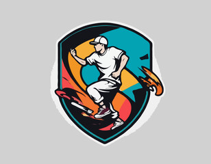 Parkour  male player in graffiti tags, street art pattern illustration, emblem shield badge