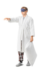 Male sleepwalker with pillow on white background
