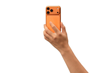 Fototapeta premium Back view of a hand holding a new cosmic orange smartphone, isolated on a transparent PNG.
