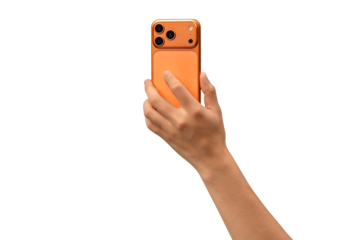 Back view of a hand holding a new cosmic orange smartphone, isolated on a transparent PNG.