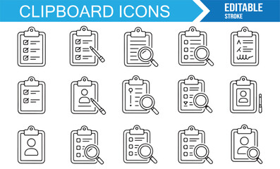 Business and office clipboard icons, vector collection of reports, surveys, and documents.