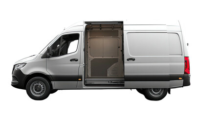 Side view of a large, white, commercial cargo van with sliding door open