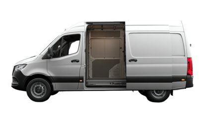 Side view of a large, white, commercial cargo van with sliding door open
