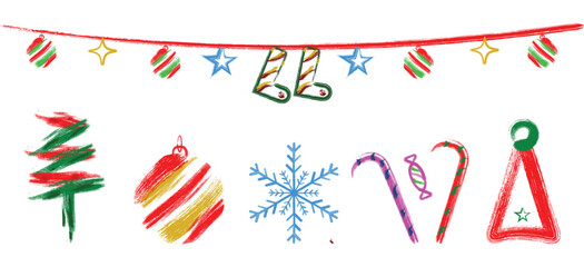 Festive Christmas doodles isolated on white background featuring a Christmas tree and ornaments with snowflakes, candy canes, and a Santa hat in a playful hand-drawn style