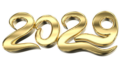 Luxurious golden 3D rendering of the year 2029 in a flowing, shiny, cursive typeface isolated on white.