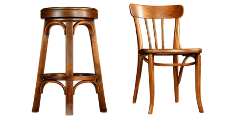 Two wooden furniture pieces a high stool with curved legs and a dining chair