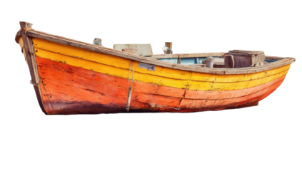 Side view of a small, weathered fishing vessel with faded orange and yellow paint against black