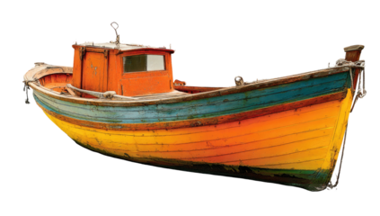 Colorful small boat, painted in vibrant hues, with a cabin, on a transparent background