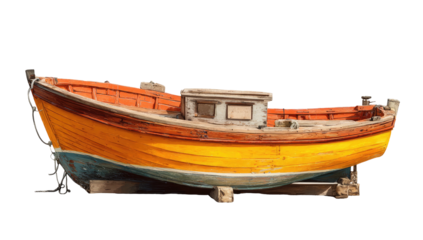 A colorful, old wooden fishing boat, painted yellow and orange, sits on a wooden stand