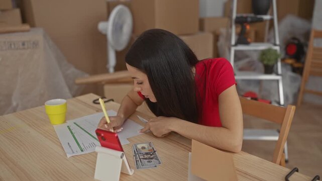 Woman calculating expenses with us dollars in modern living room surrounded by moving boxes and household items, suggesting recent relocation and financial planning.