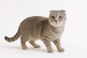 Curious Scottish Fold Cat with Gray Stripes on White Background