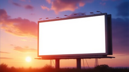 empty large format marketing billboard standing outdoors against a colorful sunset evening sky with warm light and clear gradient clouds, modern advertising mockup template concept of marketing