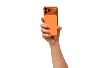 Back view of a hand holding a new cosmic orange smartphone, isolated on a transparent PNG.