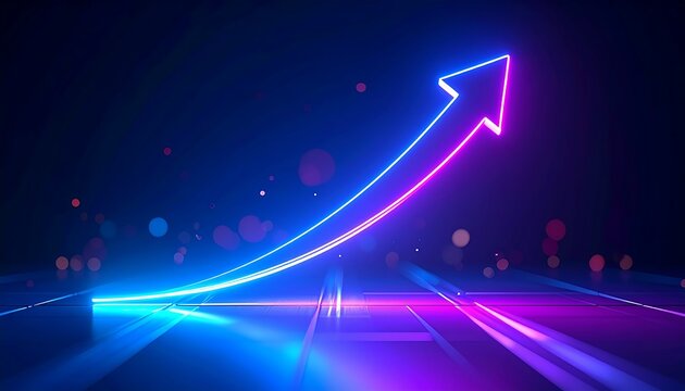 A glowing neon arrow charts an upward path against a futuristic background with bokeh lights, symbolizing growth, financial success, and technological progress