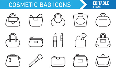 Editable stroke cosmetic icons, vector illustration of lipsticks, brushes, and pouches.