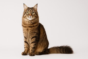 Obraz premium Majestic Fluffy Cat with Striking Eyes Sitting Gracefully on White Background