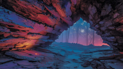 Mysterious Cave with Colorful Rocks and Misty Forest Background