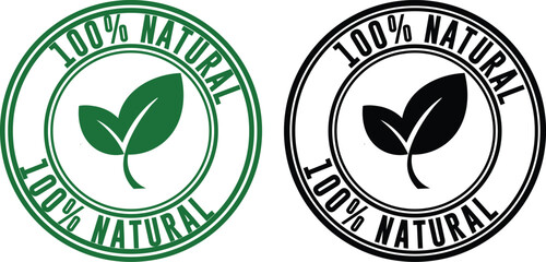 100 natural label vector illustration green and black stamp with leaf for organic product packaging