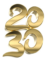 Reflective Gold 3D Script Number 2030 Isolated Render Symbolizing Future Success and New Year's Celebrations