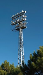 Stadium searchlights stand tall against the sky. The metal tower lights the field. Trees and blue sky surround this stadium infrastructure element. Sports, industry, construction, high technology.