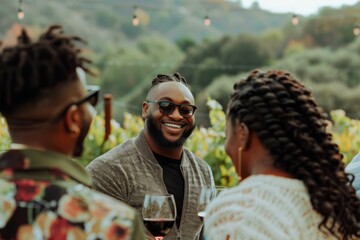 Happy young adults enjoying wine at outdoor gathering