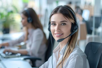 Young woman working in a call center with headset