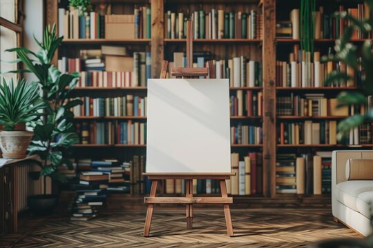 Empty canvas on easel in cozy library setting