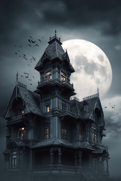 Victorian Haunted Mansion Under the Full Moon