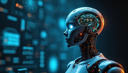 Futuristic female robot with glowing eyes, open brain circuitry. AI android processes data on digital interface. Advanced humanoid cyborg represents machine learning, deep thinking, intelligent tech