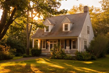 Charming house surrounded by trees at sunset