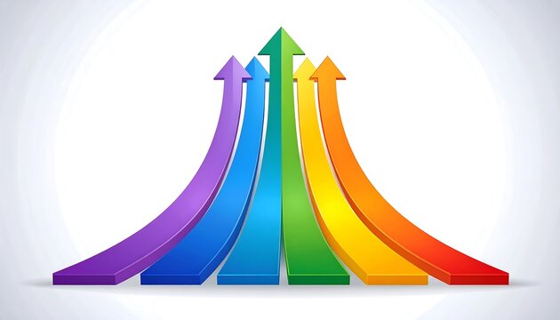 An illustration showing six ascending, curved arrows in rainbow colors, converging towards the top. Each arrow begins at the base and symbolizes growth