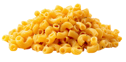 A close-up view shows a delicious heap of cooked elbow macaroni pasta on a black background