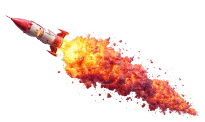 Cartoon illustration of a rocket launching, leaving fiery smoke against a transparent background