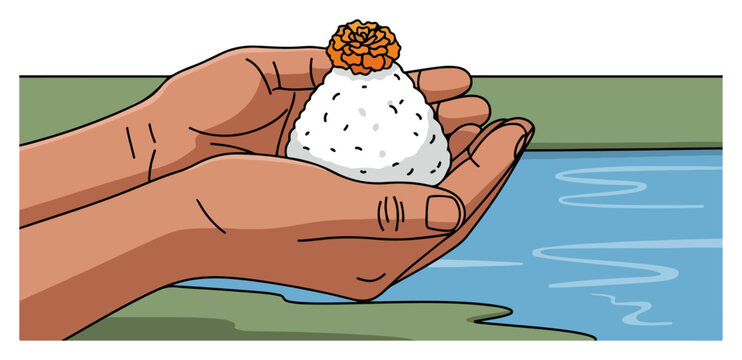 Pinda Daan a Hindu ritual of offering rice balls to ancestors. Hands holding pinda with a marigold flower for the Shraddha ceremony. Vector illustration.