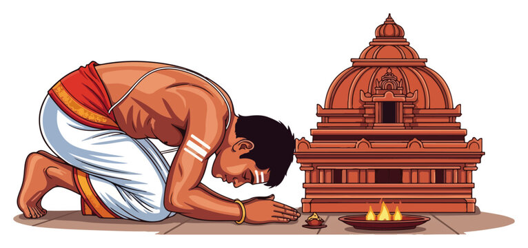 Indian man in traditional dhoti praying at a Hindu temple. Devotee prostrating in worship during puja ritual. Vector illustration of faith and devotion.