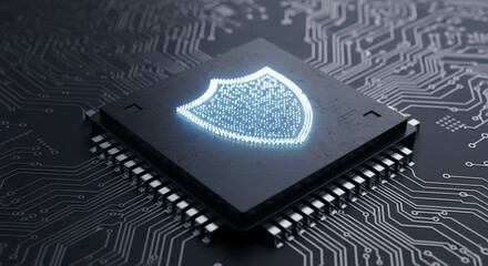 Close-up of a microchip with a glowing shield symbol, showcasing digital security and data protection concepts  Ideal for technology or cybersecurity