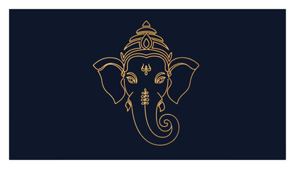 Golden Lord Ganesha face line art for Ganesh Chaturthi. Elegant Hindu god vector icon