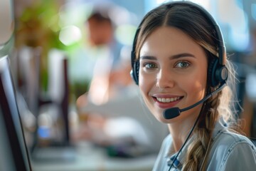 Young woman smiling while working in a call center