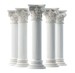 Obraz premium Five elegant white classical columns with ornate capitals stand against a transparent background