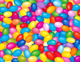 An overhead view showcases a vibrant, densely packed assortment of multicolored oval-shaped candies, creating a festive and playful vibe