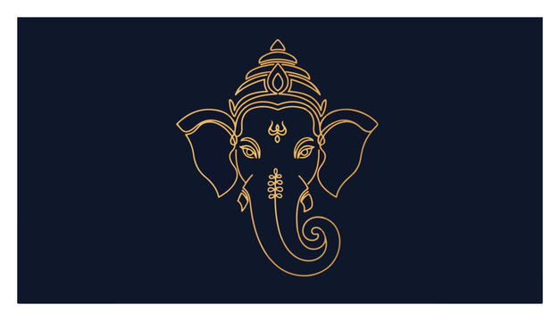 Golden Lord Ganesha face line art for Ganesh Chaturthi. Elegant Hindu god vector icon