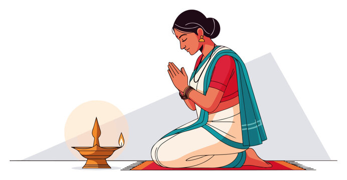 Indian woman in traditional sari kneeling in prayer with a lit diya lamp. Hindu religious worship or Diwali festival vector illustration